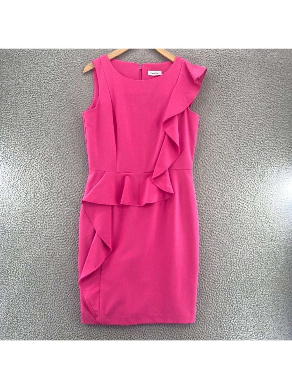Calvin Klein Dress Womens 12 Pink Sheath Sleeveless Asymmetric Ruffles Career